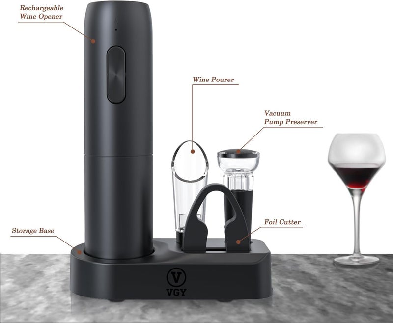 VGY Rechargeable Electric Wine Opener, 5 in 1 set with Automatic Electric Wine Bottle Corkscrew Opener, Foil Cutter, Vacuum Stopper, Wine Pourer and Storage Charging Stand - Image 1